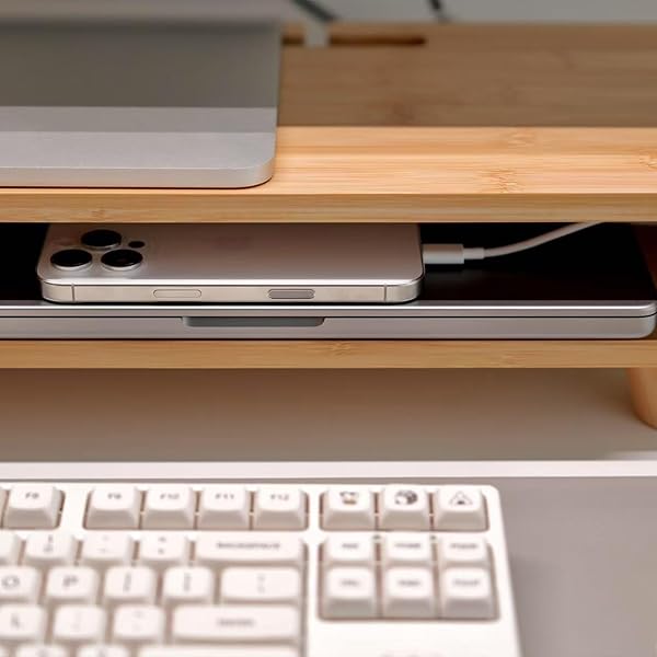 ROCDEER BAMBOO MONITOR STAND RISER WITH DRAWER, ERGONOMIC COMPUTER RISER FOR DESK WITH CABLE MANAGEMENT & STORAGE ORGANIZER, WOOD MONITOR STAND FOR HOME OFFICE