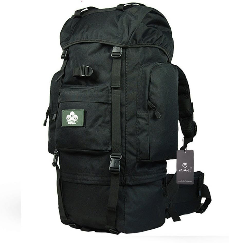 YAAGLE Mens Military Combat Tactical 65L Waterproof 900D Oxford Outdoor Internal-frame Backpack Sports Biking Hiking Cycling Climbing Camping Rucksack Travel Bag Laptop Pack Black With Rain Cover