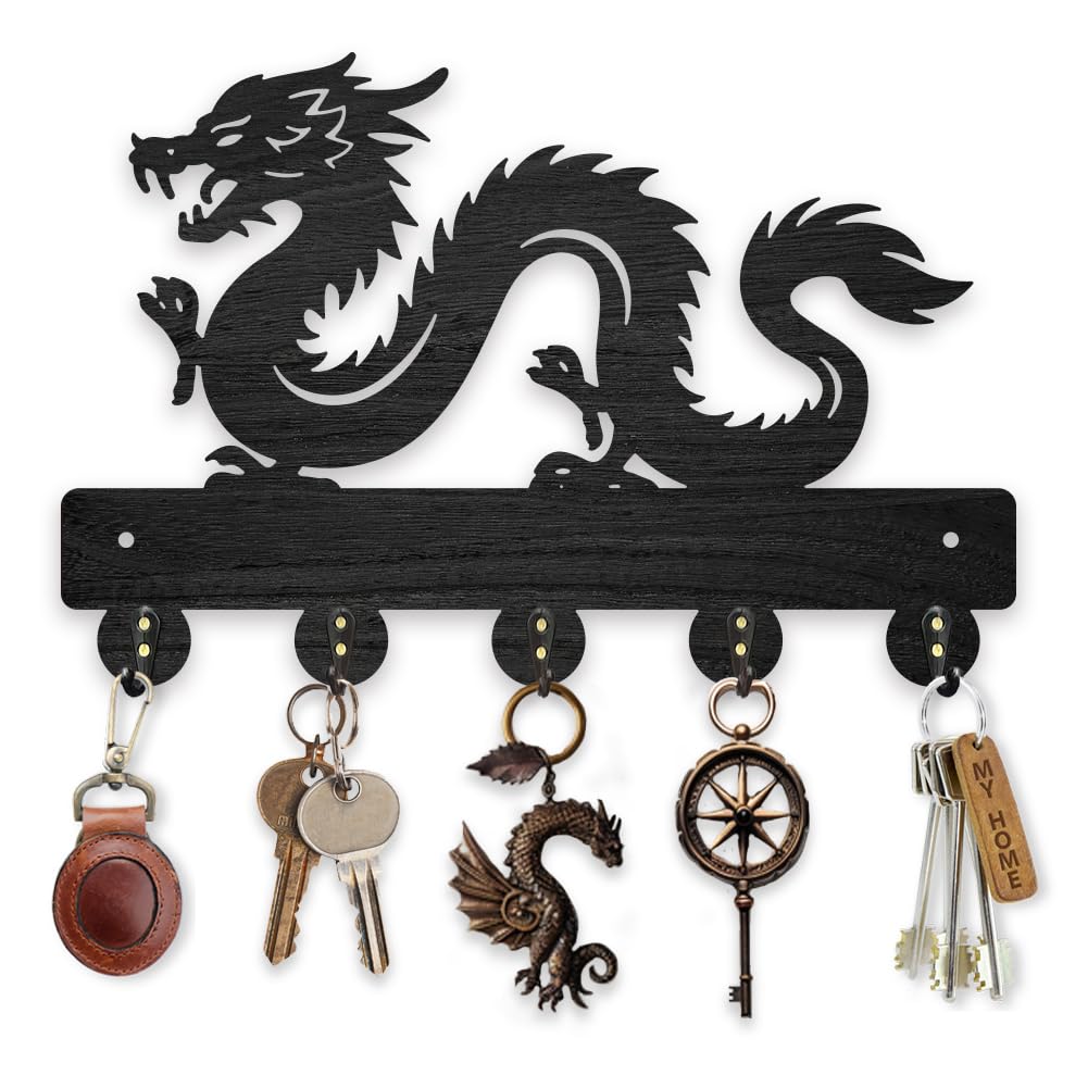 MAYJOYDIY Dragon Wall Key Holder, 30 x 20 cm Wooden Chinese Design, 5 Alloy Hooks, Traditional Animal Theme for Entryway Hallway Kitchen Bedroom