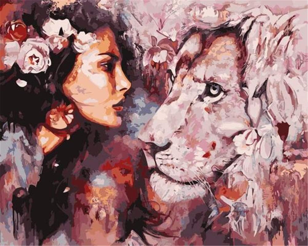 LanMent Painting by Numbers for Adults Abstract Beauty and Lion, DIY Oil Paint by Number Kits Home Decor Wall Gift Painted for Painting Beginner 16 x 20 Inches