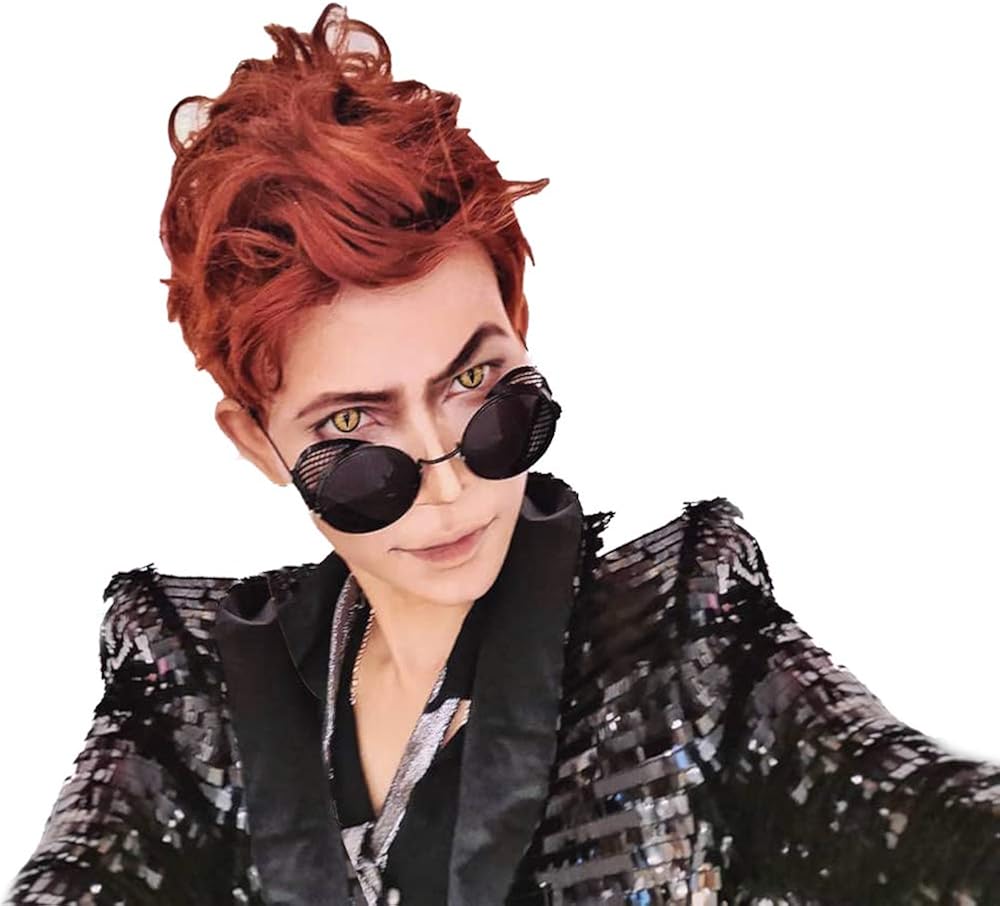 Amazon Com Crowley Wig Good Omens Demon Curly Orange Brown Hair Men Cosplay Costume Halloween Fancy Dress Accessories Clothing
