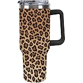 Quteprint 40oz Insulated Stainless Steel Tumbler with Handle, Leopard Animal Print Skin Leakproof Water Bottles Travel Mug with Lid And Straw for Water, Iced Tea Or Coffee for Most Car Cup Holder