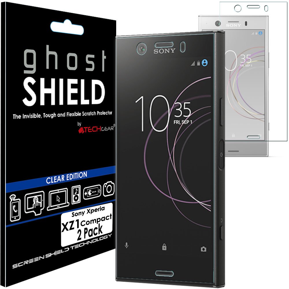 TECHGEAR [2 Pack] Screen Protectors to fit Sony Xperia XZ1 Compact [ghostSHIELD Edition] Genuine Reinforced Flexible TPU Screen Protector Guard Covers with Full Screen Coverage inc Curved Screen