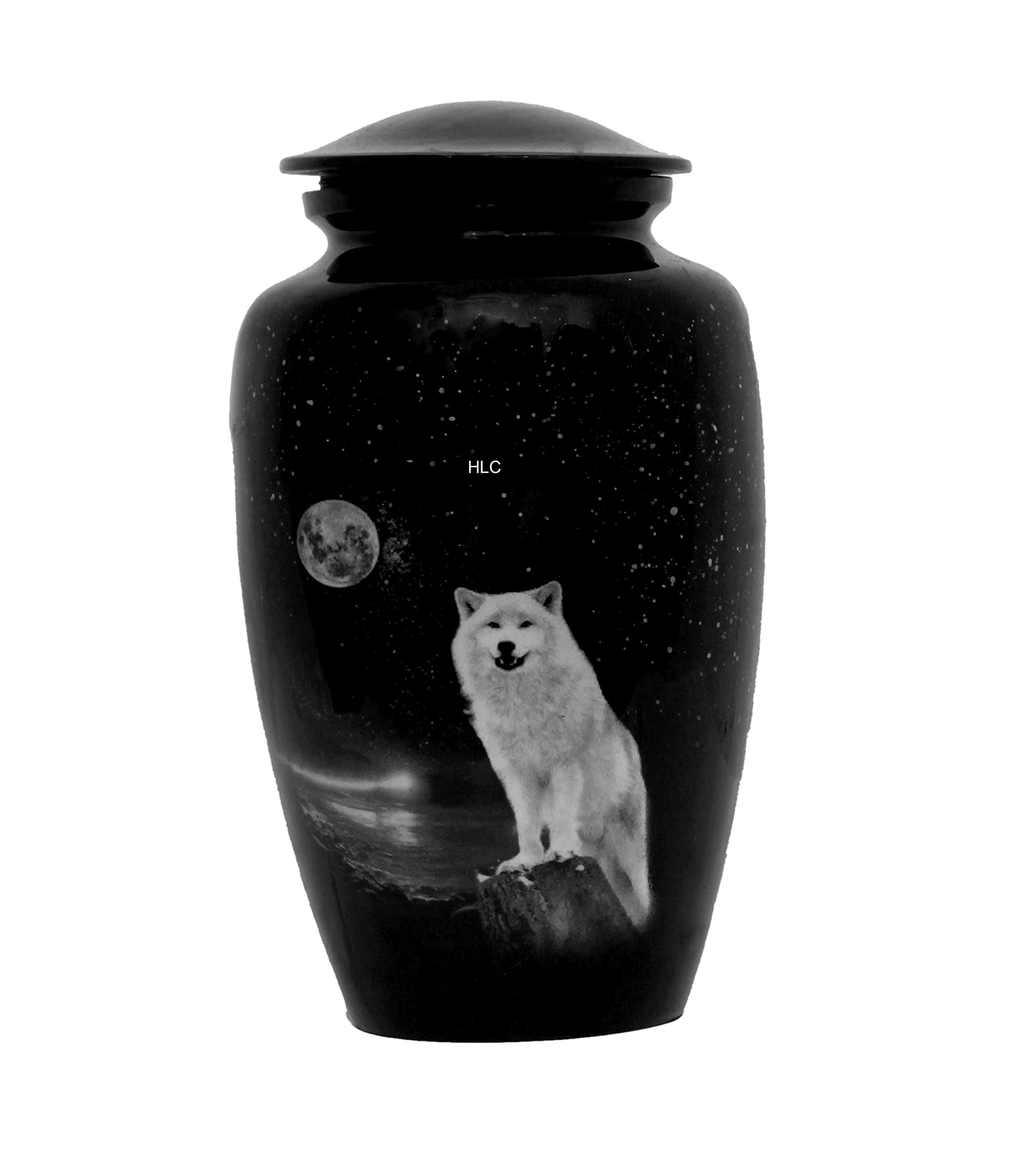 HLC URNS White Wolf Night Full Moon Cremation Urn for Human Ashes - Adult Funeral Urn Handcrafted - Affordable Urn for Ashes (Adult (200 lbs) – 10.5 x 6 “, White Wolf Night Full Moon Cremation Urn) — image 1