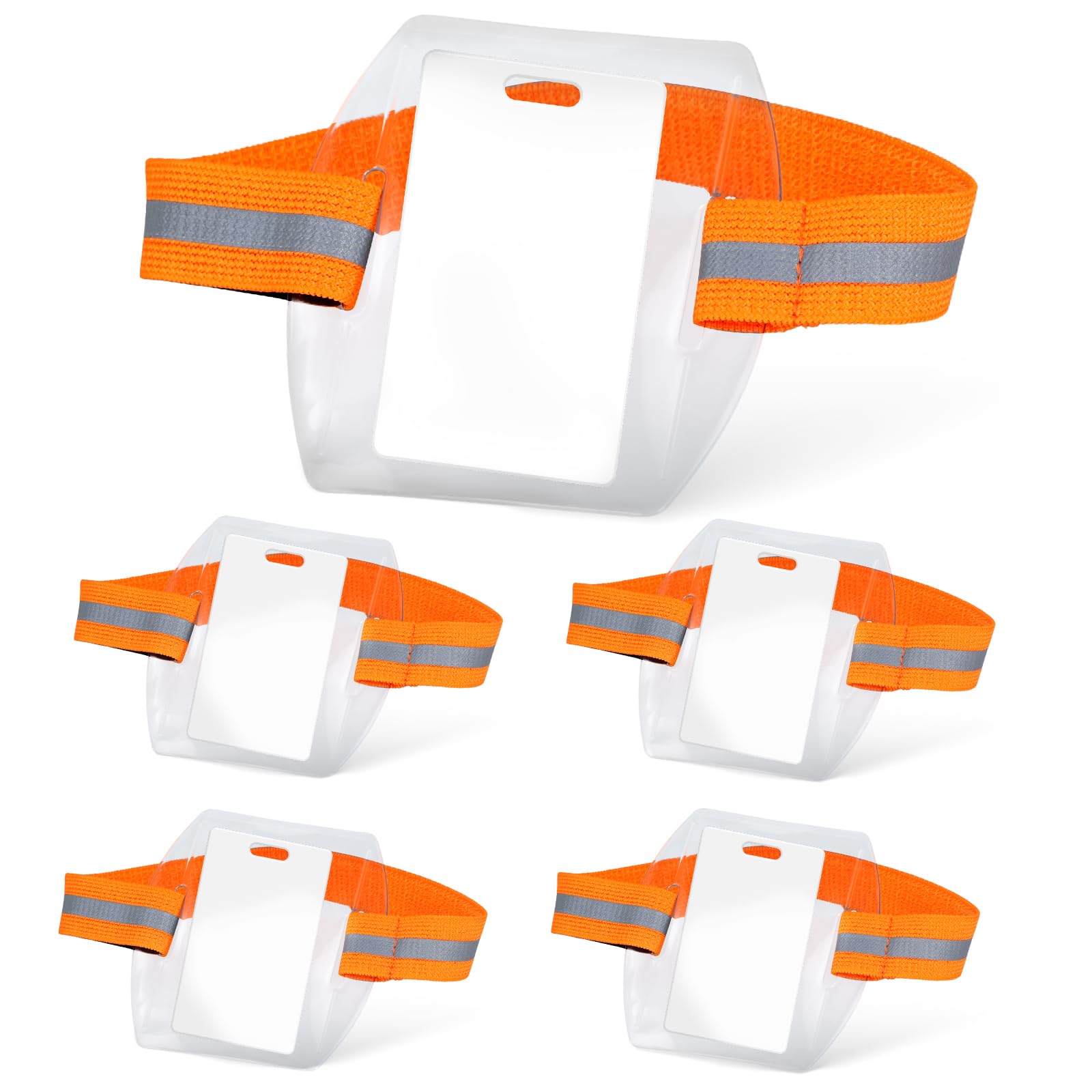 5pcs Arm Badge Holder with Reflective Strap, High Visibility Clear ID Card Holder Armband Adjustable PVC Wrist Name Tag Holder for Work & Ski Pass (Orange)