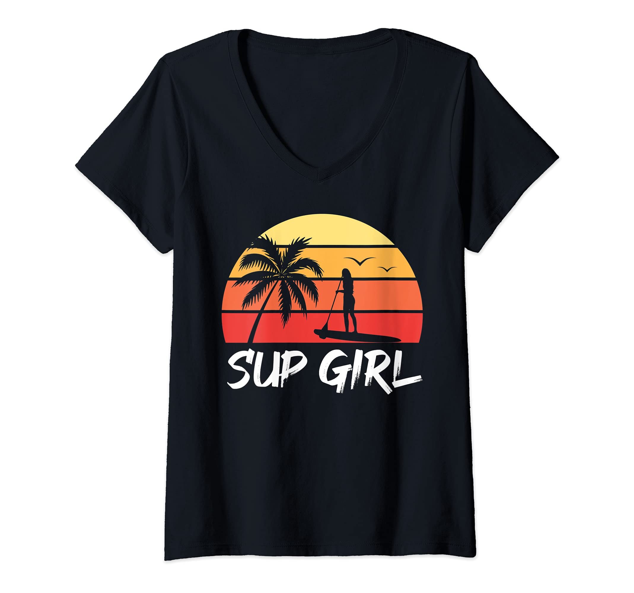 Womens SUP Girl Paddleboarder Women Tropical Sunset Paddling SUP V-Neck T-Shirt
