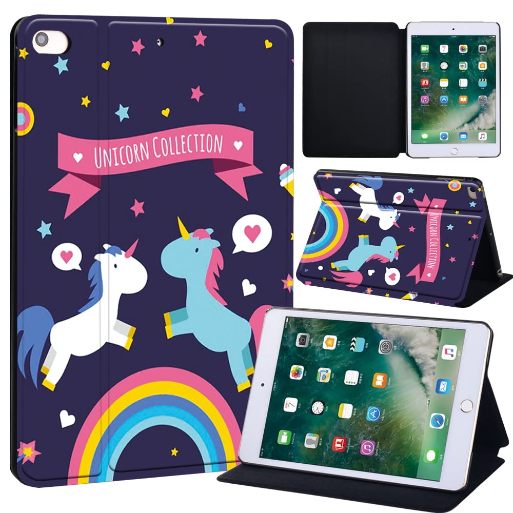 Oldimage Printed FINDING CASE Fit Apple iPad Mini 4/5 Tablet - Printed PU Flip Leather Smart Lightweight Shell Stand Cover Case for iPad Mini 4 Mini 5 (unicorn and rainbow)