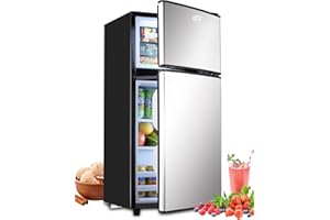 KRIB BLING 3.5Cu.Ft Compact Refrigerator Mini Fridge with Freezer, Small Refrigerator with 2 Door, 7 Level Thermostat Removable Shelves for Kitchen, Dorm, Apartment, Bar, Office Silver