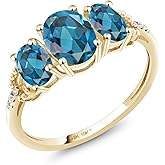 Gem Stone King 2.22 Cttw London Blue Topaz and Diamond Accent 3-Stone Engagement Ring for Women | 10K Yellow Gold | 3 Stone Wedding Anniversary Promise Ring For Women