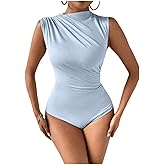 Milumia Women's Ruched Tank Top Sleeveless Mock Neck Bodysuit Fitted Jumpsuit Tops