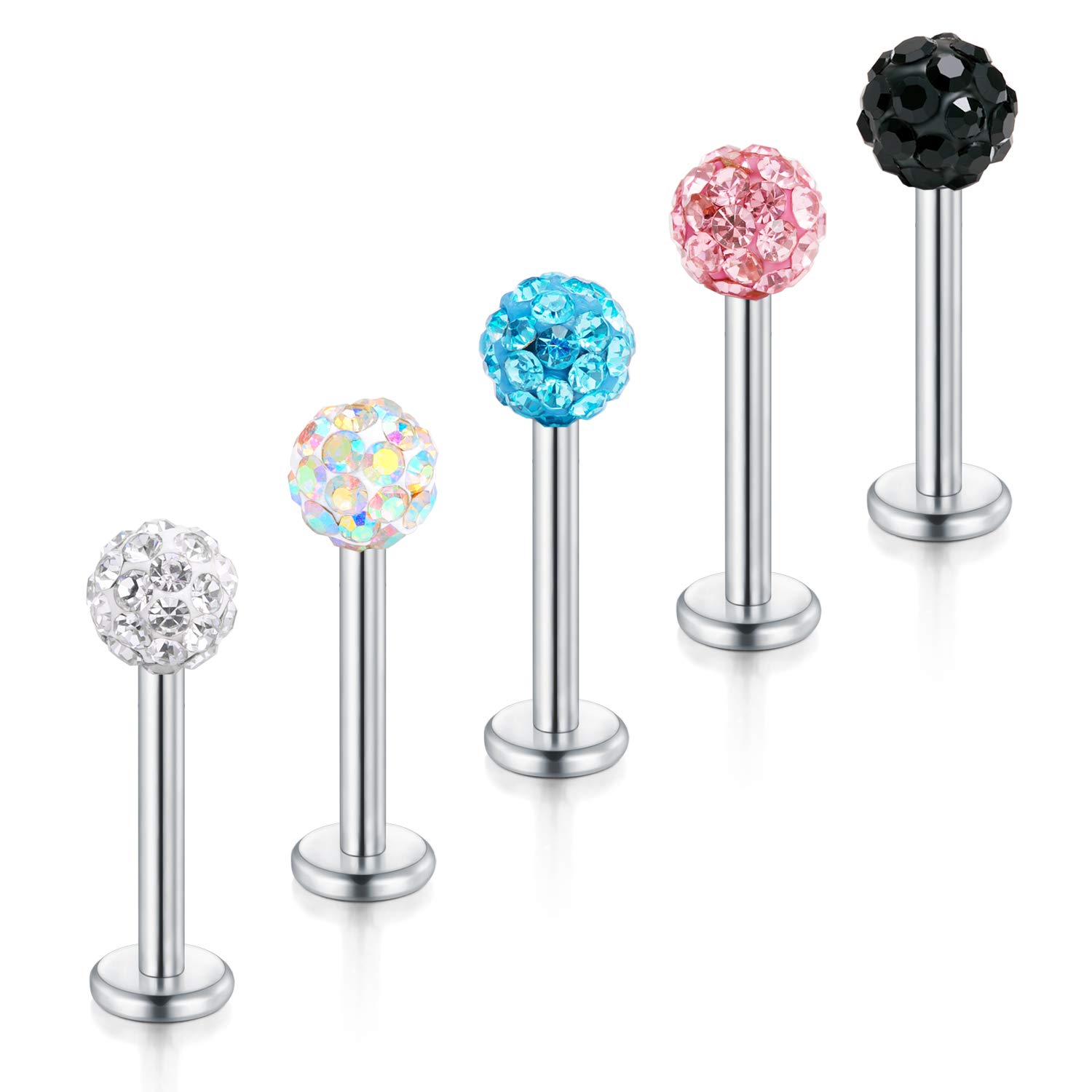 FECTAS 5pcs Stainless Steel Lip Labret Stud Set 16 Gauge 10mm Bars Tragus Cartilage Helix Piercing Jewellery