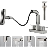 Bathroom Sink Faucet with Pull Down Sprayer 3 Holes, Brushed Nickel 4 inch 2 Handles Centerset Laundry Bar Basin Pull Out Faucet with Pop-Up Drain
