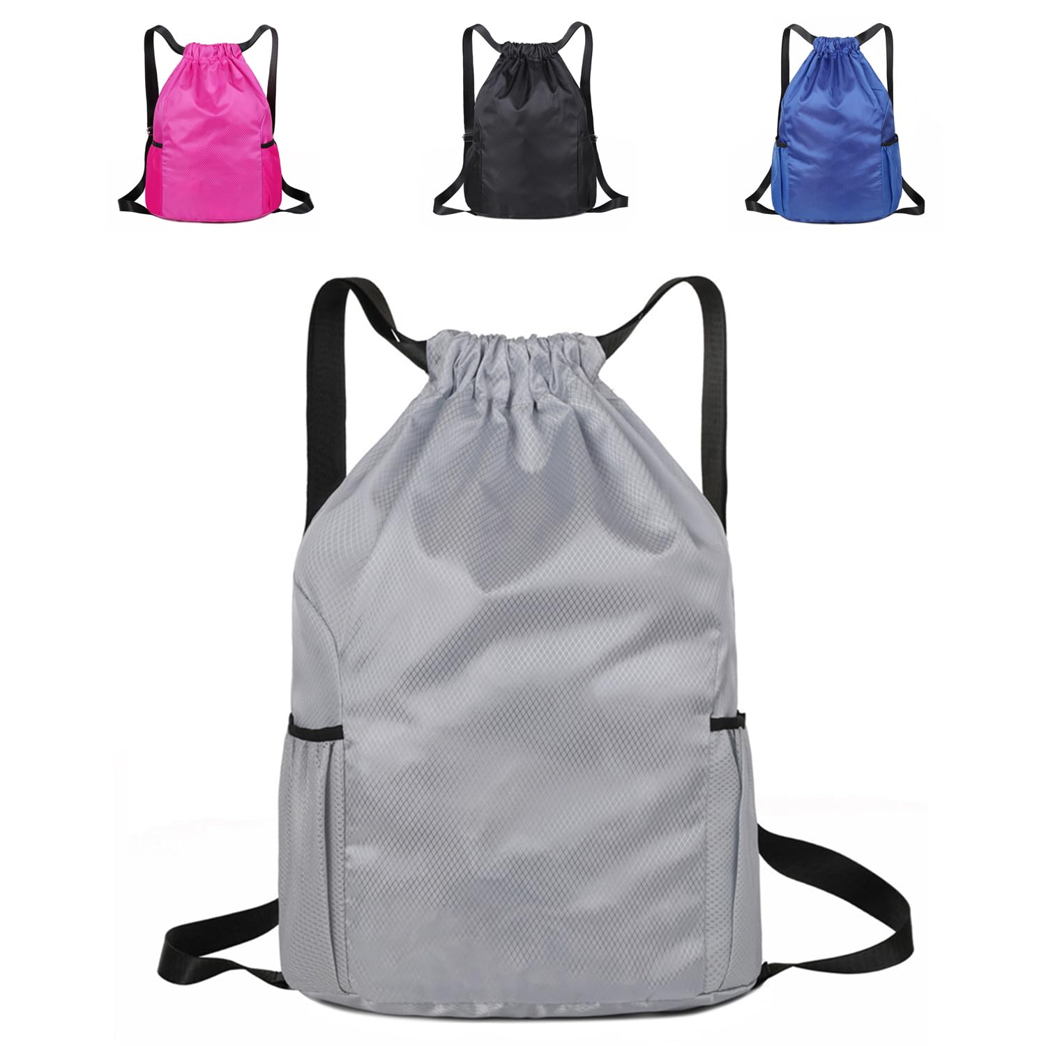 SUJIBHI Drawstring Bags Unisex Waterproof Sports Bag Swim PE Bags Drawstring Gym Bag for School Sports Swimming Gym Travel Beach (Gray)