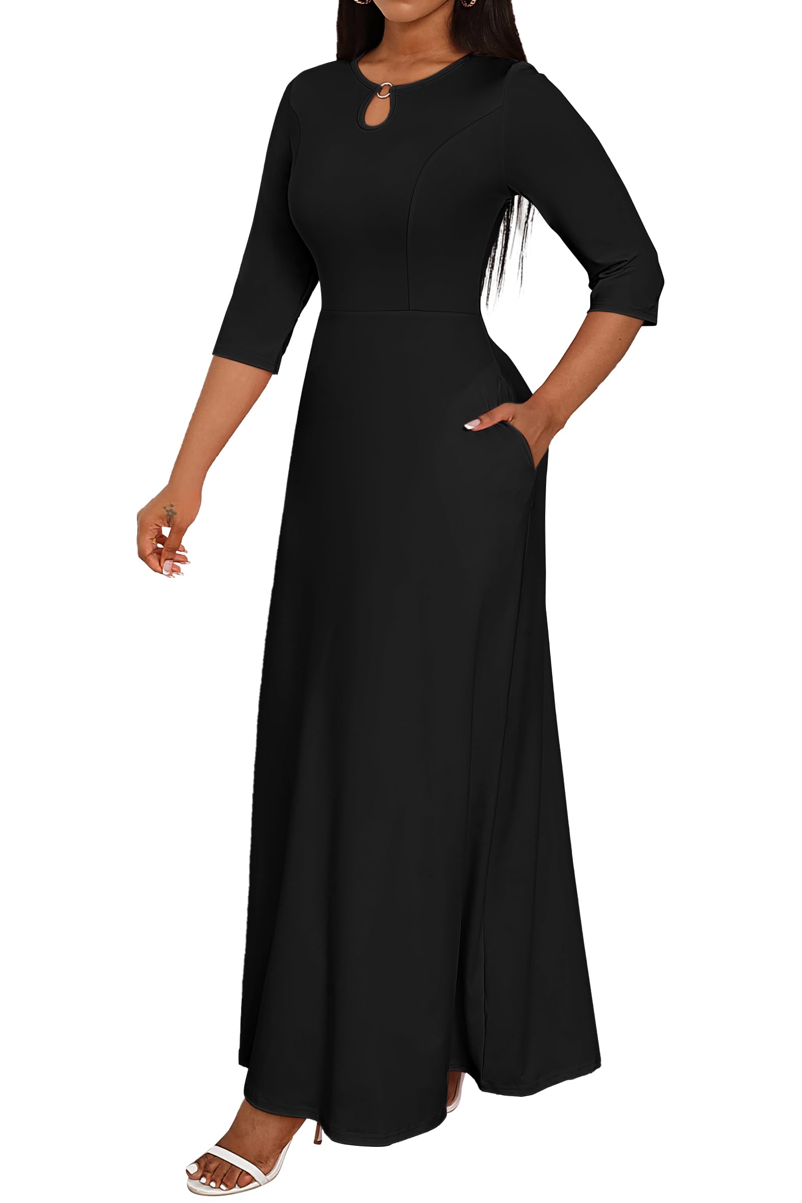 Photo 1 of FANDEE Women's Maxi Dress Casual Boho Plain Long Dresses 3/4 Sleeve with Pockets Black XL