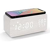 Lancoon Wooden LED Alarm Clock with Wireless Charging Temperature and Humidity Display Calendar Adjustable Brightness Sound C
