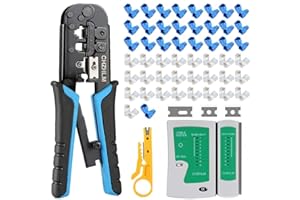 CHZHLM RJ45 Crimping Tool Kit Ethernet Crimp Tool 6P-RJ11/12 8P-RJ45 Crimper,Cut,Strip and crimping tool, 3 IN 1 With 50pcs RJ45 Connectors, 50Pcs Covers, 1 Cable Tester and 1 Mini yellow Stripper