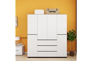 ClassyCabin Armoire Wardrobe Closet 4 Doors 3 Drawers White Wardrobe Closet Wardrobe Cabinet Bedroom Armoire Wardrobe Closet with Hanging Rod & Large Capacity Modern Wood Closet