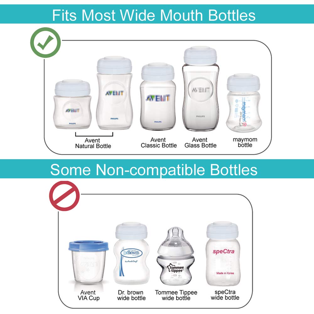 Maymom Screw Lids Aka Travel Caps with Rewritable Sealing Disc Compatible with Avent Bottle, Maymom Wide Mouth Bottles; Cap Replace Avent Natural Bottle Sealing Ring and Sealing Disc, 6pcs. (Blue)