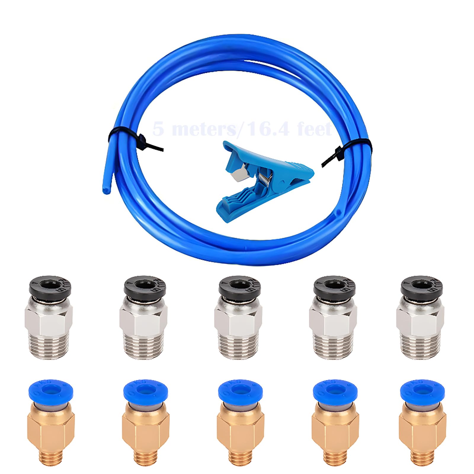 CESFONJER 5 Meters Teflon Tube Blue PTFE Tubing with 5 Pieces PC4-M6 and 5 Pieces PC4-M10 and PTFE Tubing Fittings Cutter for PTFE Tube Push Fitting Connector 3D Printer 1.75mm Filament