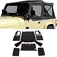 KUAFU Replacement Soft Top Compatible with 1987-1995 Jeep Wrangler YJ 2 Door Sailcloth Vinyl Black Roof, Zip Out with Tinted Plastic Windows and Removable Front Upper Door Skins