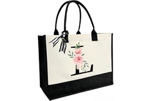JOJHDR Initial Canvas Beach Tote Bag with Printed letter,Personalized Gifts for Women,Mom,Friends,Teachers and Bridesmaids