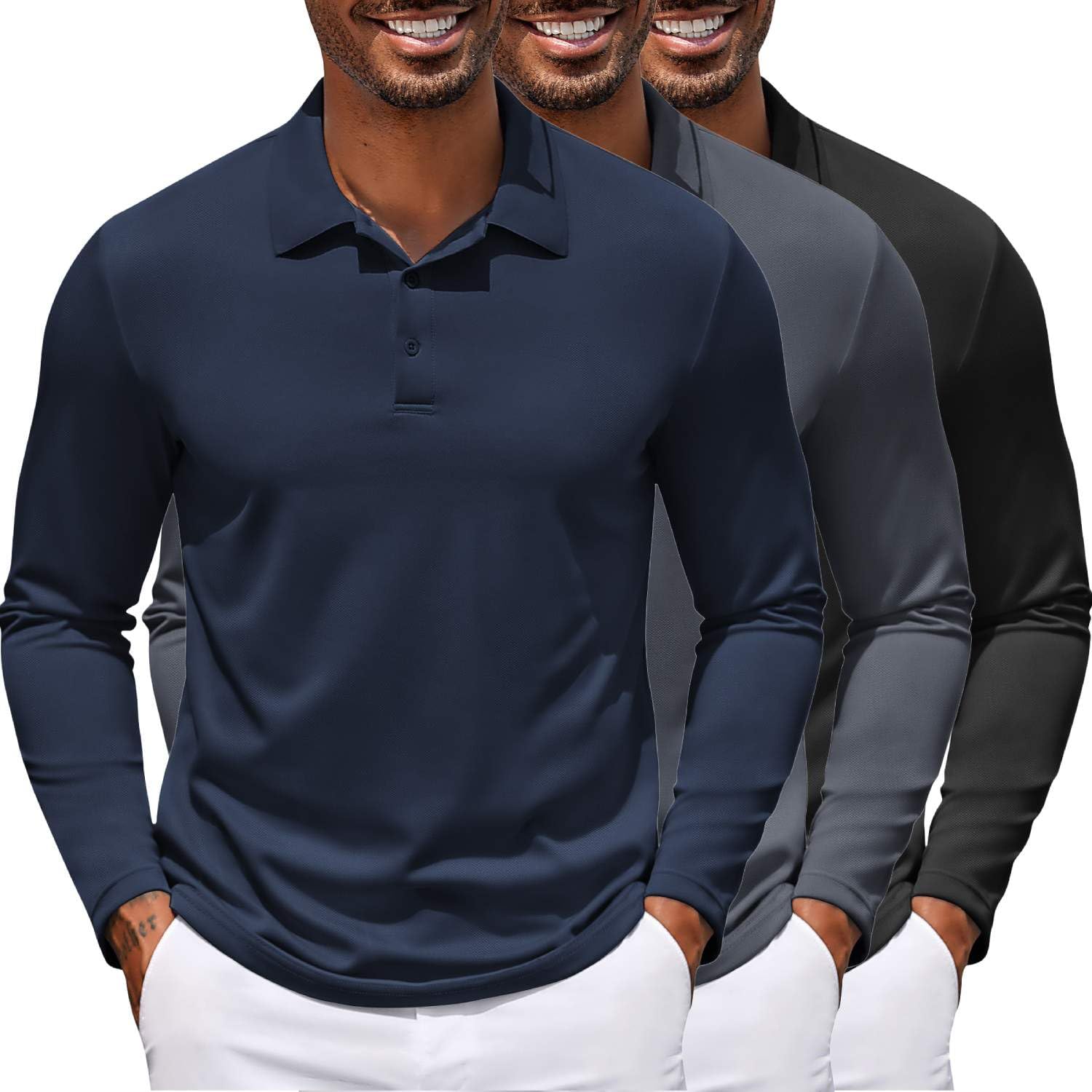 Photo 1 of COOFANDY 3 Pack Men's Golf Polo Shirts Long Sleeve UV Protection Performance Collar Shirts, Black & Dark Grey & Navy Blue, XX-Large