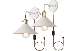 IYOEE White Plug in Wall Sconces Set of Two,Wall lamp with Plug in Cord of 2 for Bedroom Hanging Wall Lights E26 Edison Brass lamp Holder with Frosted Paint Body Bedside lamp
