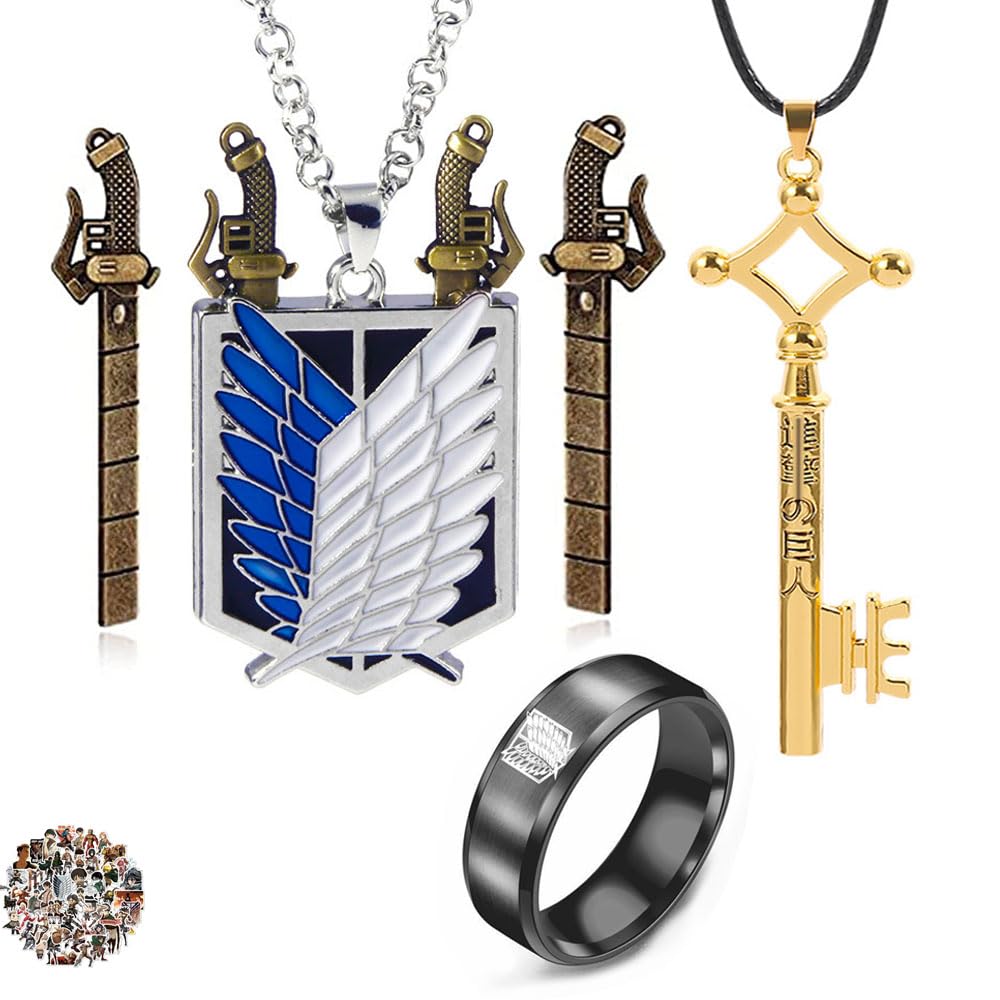 HJYZY Wings of Freedom Pendant Necklace Ring Anime Eren Jeager Basement Key Pendant Necklace Anime Stickers 13 pcs