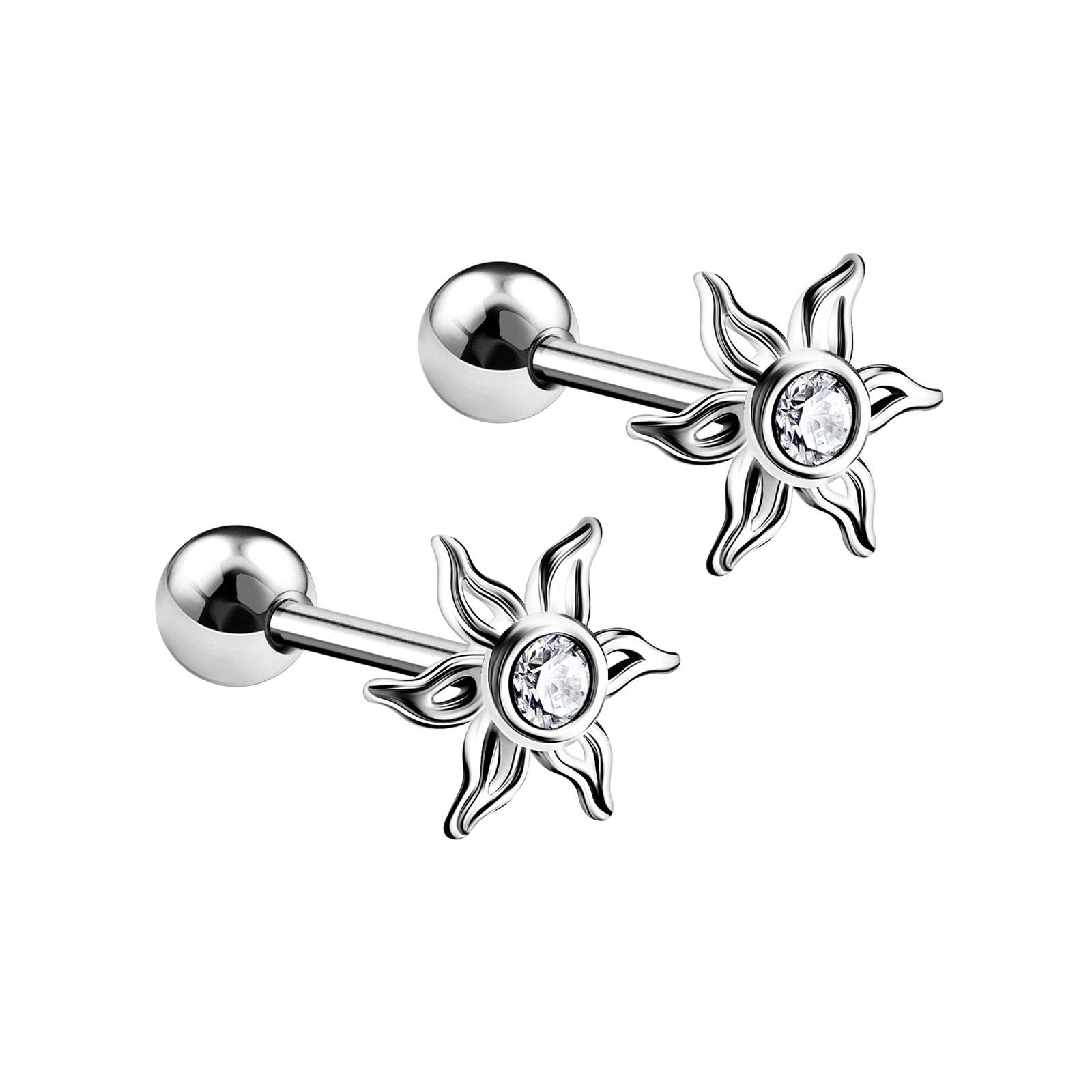 KJM FASHION 2PCS Surgical Steel Sun Clear Crystal Ear Stud 16g 1/4 6mm Barbell Tragus Cartilage Helix Earrings Piercing Jewelry 5637, body-piercing-barbells