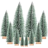 Yahpetes Miniature Christmas Tree 10 Pcs Pine Trees Sisal Trees Snow Frost Ornaments with Wooden Bases for Miniature Scenes, Christmas Crafting and Designing, 5 Size