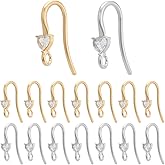 Beebeecraft 1 Box 20Pcs Rhinestone Earring Hooks 18K Gold Plated 304 Stainless Steel Heart Rhinestone Ear Wire for DIY Dangle Earrings Jewelry Making (Gold, Silver)