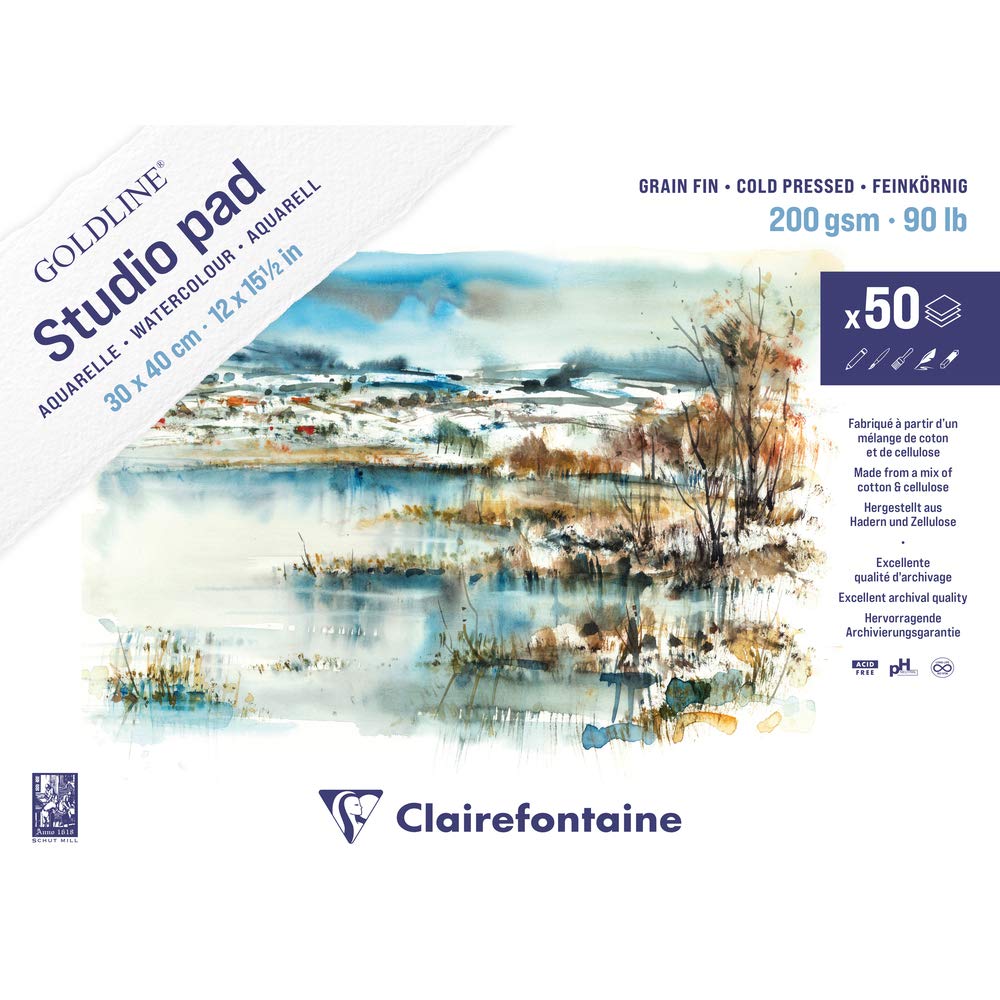 Clairefontaine 975717C - One Goldline Studio Pad pad, 50 sheets of fine-grain white watercolour paper, 30 x 40 cm, 200 gsm - Ideal for Watercolour + Ink