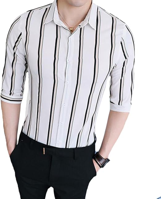 Yitong メンズ シャツ カジュアル 半袖 スリム ストリート系 ワイシャツ 薄手 Tシャツ 五分丈 詰め襟 おしゃれ ストライプシャツ Tシャツ ホワイトf Tシャツ カットソー 通販 Amazon