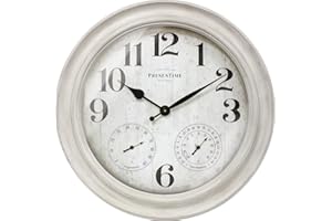 Presentime & Co. 26" Clifton in/Outdoor Farmhouse Clock with Thermometer & Hygrometer as All in One Weather Station, Farmhouse Wall Art and Timepiece for Home Decoration, Weathered White Finish