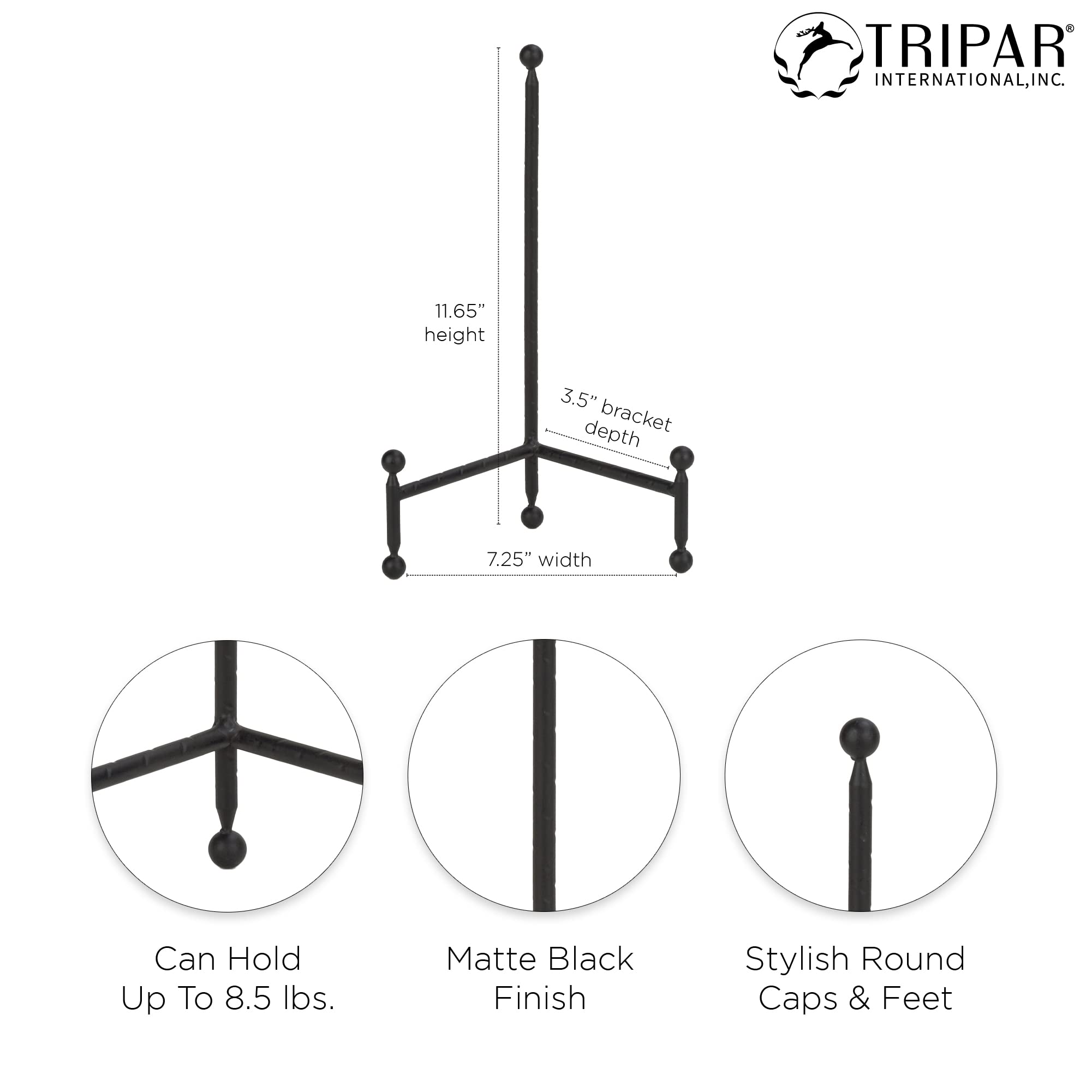 TRIPAR Modern Tripod Easel Display, Black Finish - Lightweight & Durable Design - Perfect for Displaying Decorative Pictures, Artwork, Plates, Tiles, & More (12 Inch)