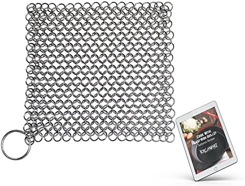 Cast Iron Cleaner by KitchWhiz, XL 8"x6" Stainless Steel Steel Chainmail Scrubber to clean Cast Iron Skillet, Cast Iron Cookware, Griddle, Wok and Dutch Oven with free cast iron cookbook (E-Book)