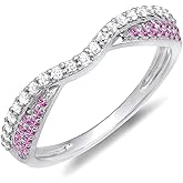 14K Solid Gold Round Pink Sapphire & White Diamond Womens Wedding Band Stackable Ring