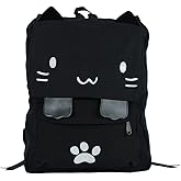 DemonChest Black College Cute Cat Embroidery Canvas School Backpack Bags for Kids Kitty(White)