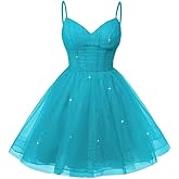 Spaghetti Tulle Short Homecoming Dresses for Teens, Sequined V Neck Cocktail Party Dresses Corset Gowns for Women