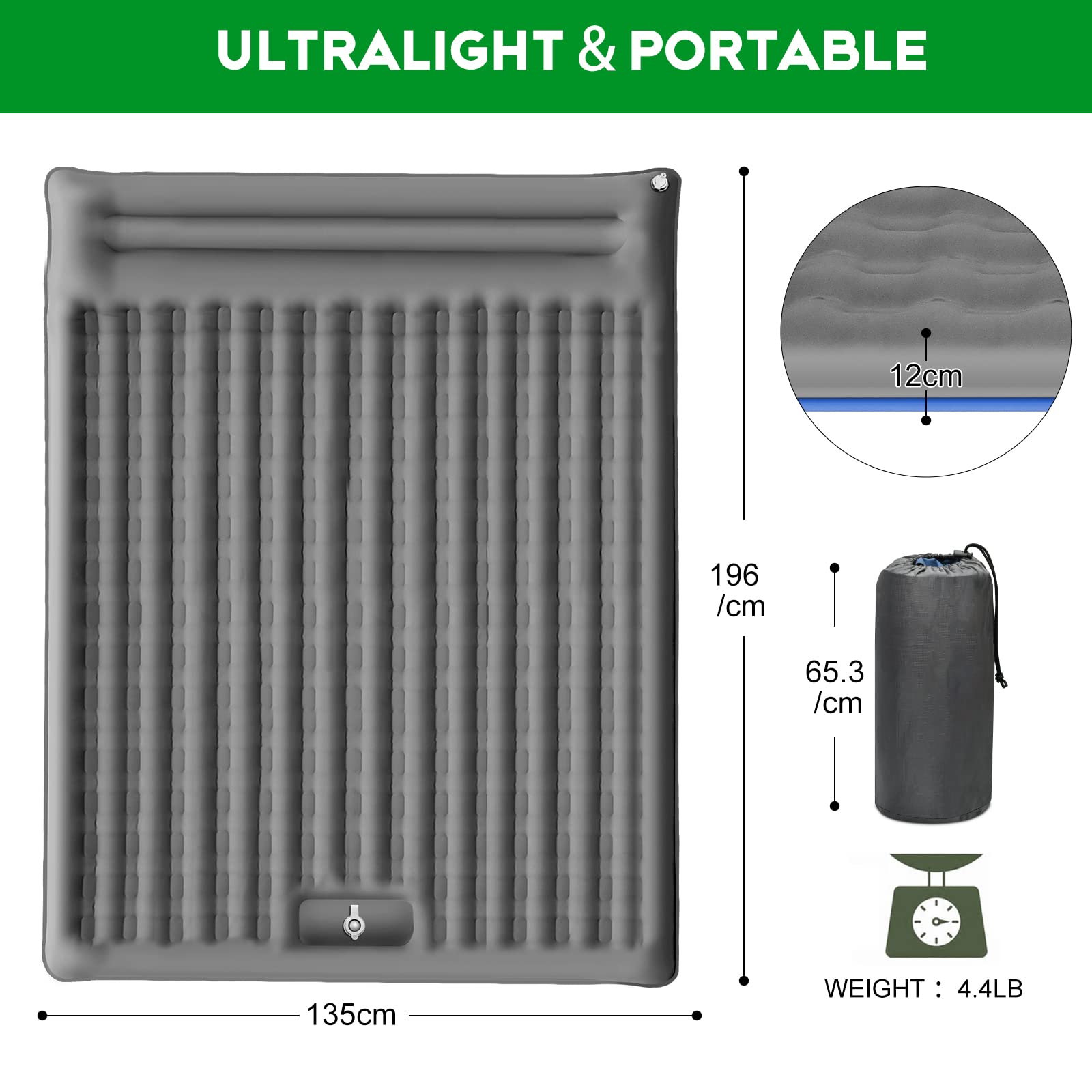 Newoer Camping Sleeping Pad, Extra Thickness 12cm Inflatable Sleeping Mat with Pillow Built-in Pump, Compact Ultralight Waterproof Camping Air Mattress for Backpacking, Hiking, Tent, Traveling