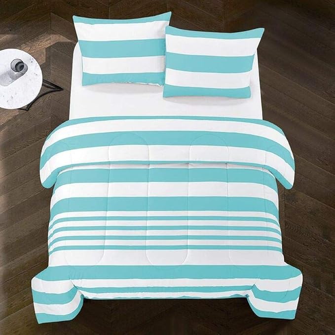 3 Piece Nautical Comforter Set King Size Allover Geometric Striped Channel Box