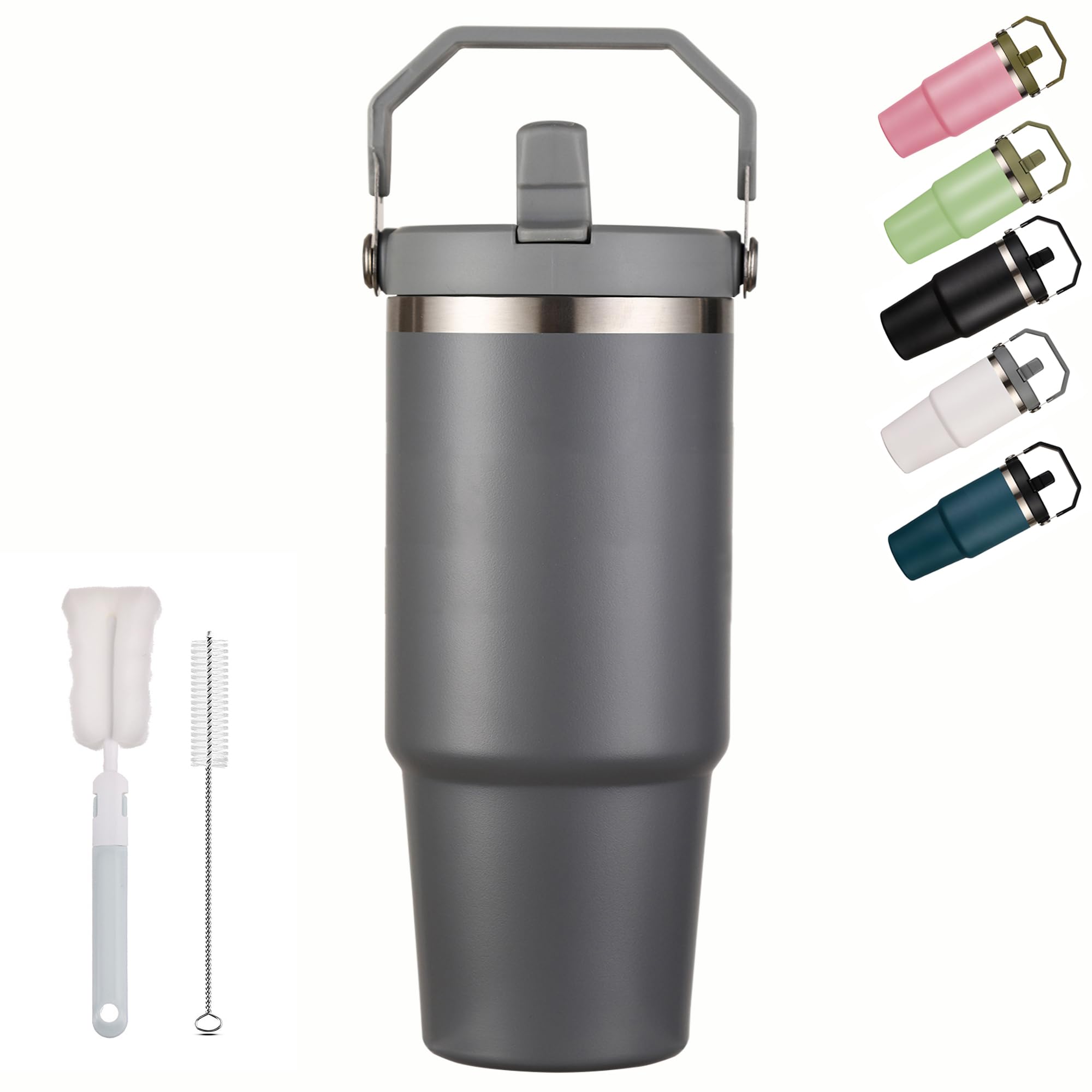 XIXIAMI Travel Mug with Handle 900ml-30oz Insulated Tumbler with Straw & Lid Leakproof Coffee Mug for Hot or Iced Drink |Stainless Steel Thermal Cup-Grey — image 1
