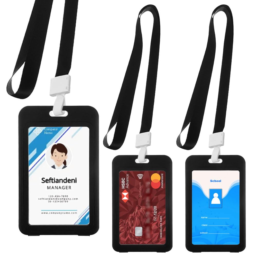 AZWOOD ID Card Holder with Double-Sided Windows, Set of 3 Vertical Hard Plastic ID Card Holder with Lanyards for Office, School, ID, Credit Cards, Proximity Keys, Driving Licenses (Black)