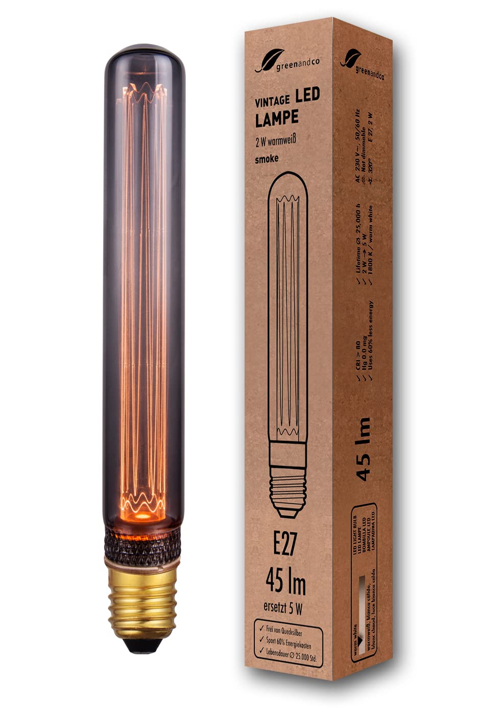 greenandco Decorative LED Vintage Light Bulb | E27 T30 | Smoke | 2W 45lm | 1800K Extra Warm White | 320° | 230V | Flicker Free | Not Dimmable — image 1