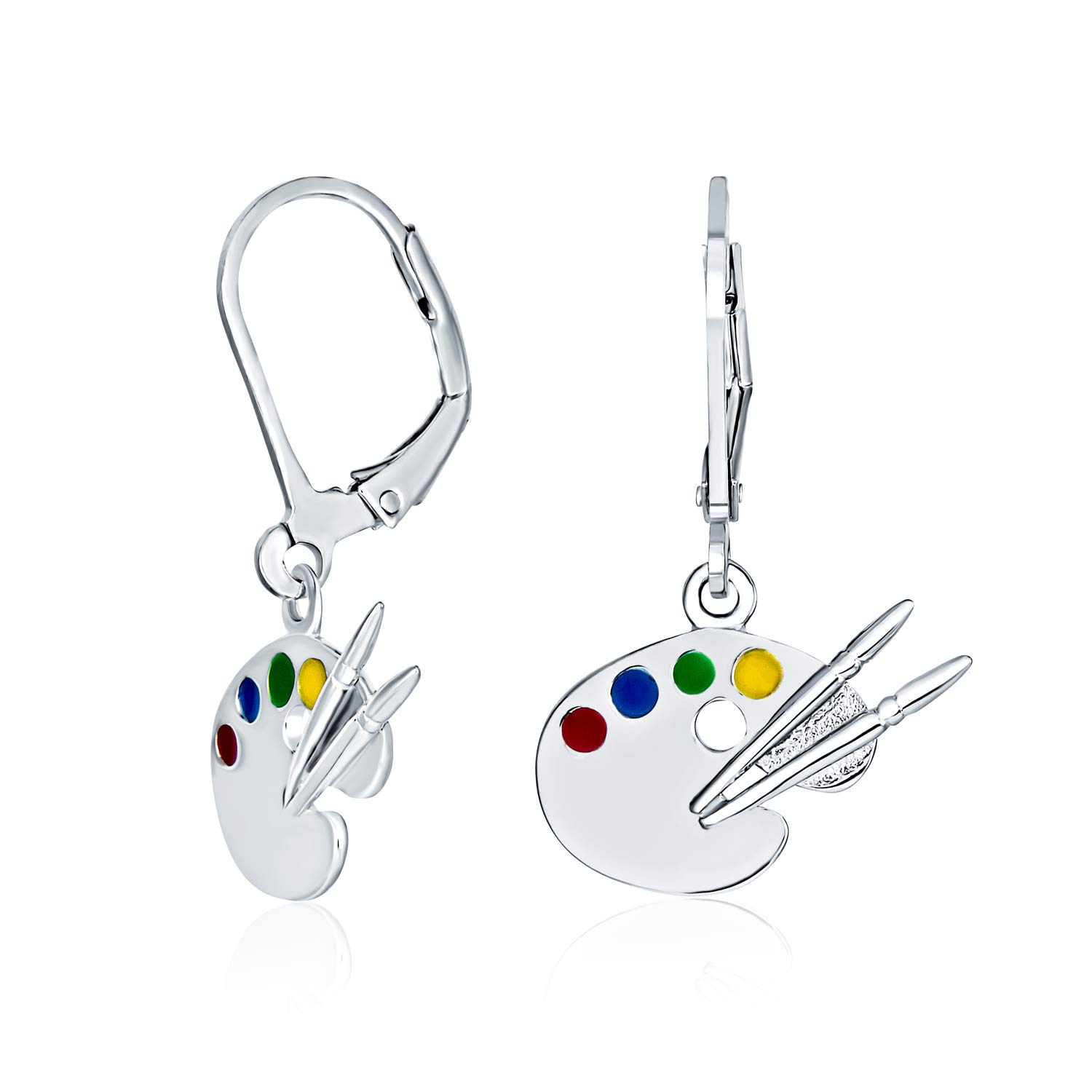 Painter Drawing Multi Color Enamel Future Artist Palette Art Paint Brush Dangle Earrings For Women Teen Art Teacher Women .925 Sterling Silver