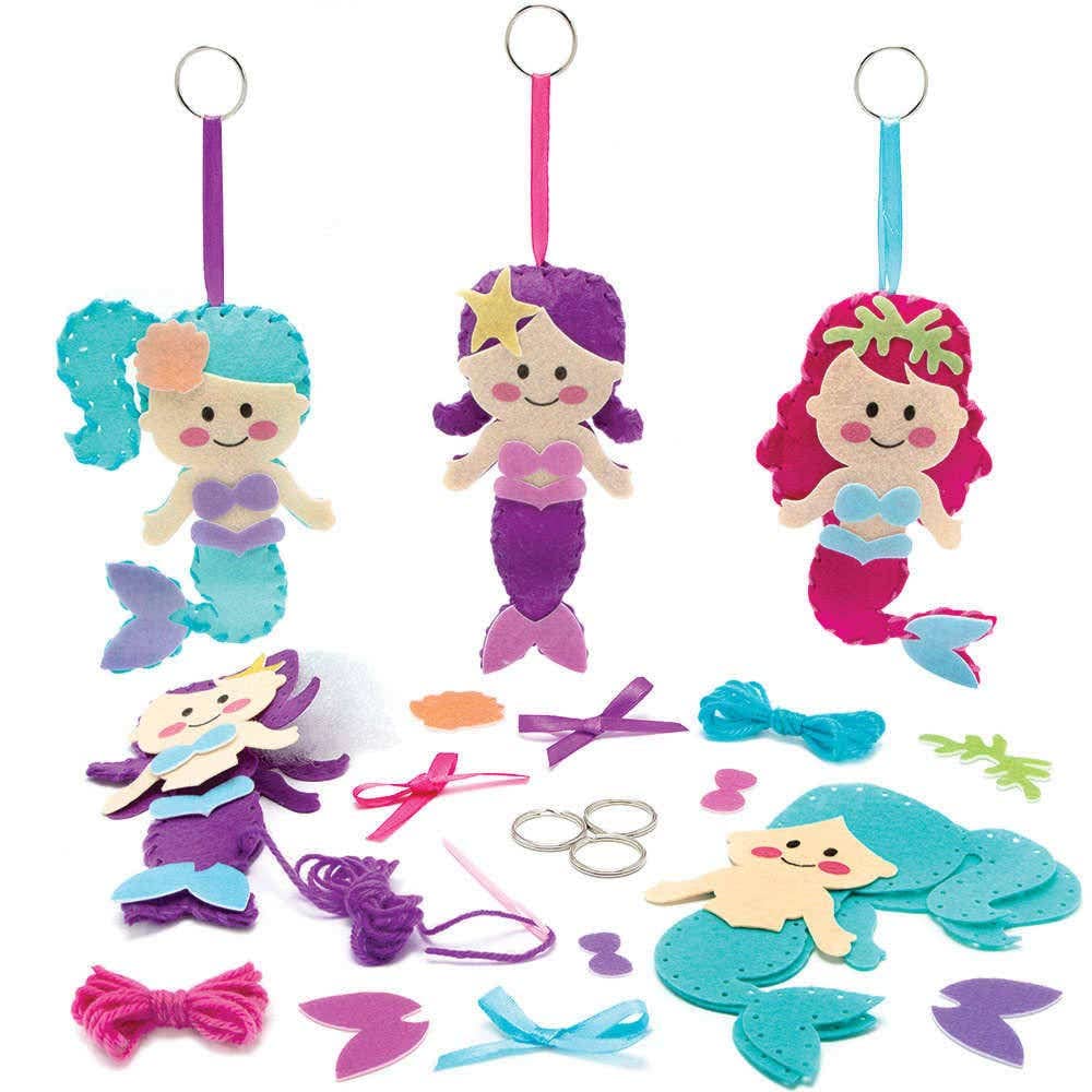 Baker Ross FC833 Mermaid Keyring and Bag Dangler Sewing Kits - Pack of 3, Girls Sewing Craft Kit, Kids Arts and Crafts, Accessories for Kids