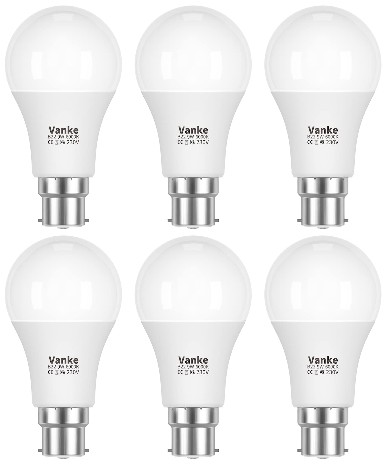 Vanke Bayonet Light Bulb 60w Equivalent, Cool White 6000K, 9w Energy Saver Bulb, 806 Lumen B22 LED Bulbs, Non-Dimmable, Pack of 6