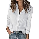 Karlywindow Womens Long Sleeve Button Down Cotton Linen Shirt Blouse Loose Fit Casual V-Neck Tops