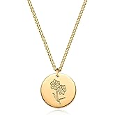 MEVECCO Birth Flower Necklace 18k Gold Custom Floral Pendant Necklaces Dainty Birth Month Flower Disc Hand Stamped Necklace Personalized Jewelry Birthday Gift