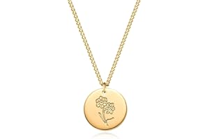 MEVECCO Birth Flower Necklace 18k Gold Custom Floral Pendant Necklaces Dainty Birth Month Flower Disc Hand Stamped Necklace Personalized Jewelry Birthday Gift